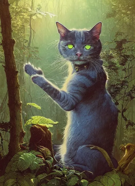 Image similar to a hyper realistic illustrated cat with happy lighting playing in the woods gorgeous lighting, sunbeams blue sky, lush forest foliage painting by chiara bautista and beksinski and norman rockwell and greg rutkowski weta studio, and lucasfilm