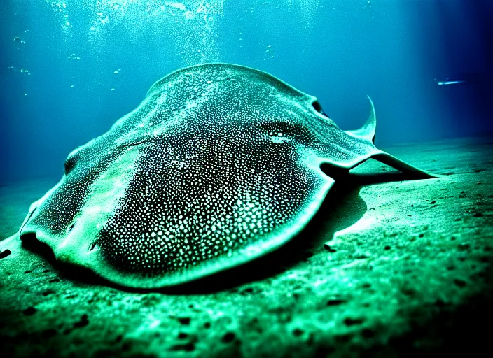 Prompt: under water stingray, water light scattering, underwater photography, high details, 8 k, realistic shot, cinematic lighting