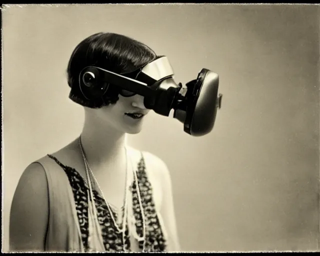 Prompt: 1 9 2 0 s photo of a flapper girl wearing a vr virtual reality headset