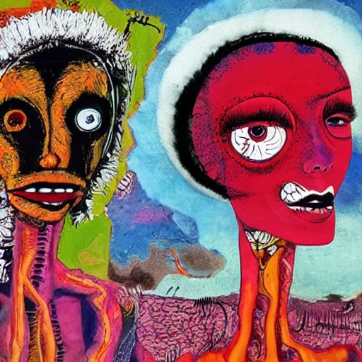 Image similar to beautiful painting of two bizarre psychedelic women kissing each other closeup on an alien planet, speculative evolution, mixed media collage by basquiat and junji ito, magazine collage art, paper collage art, sapphic art, lesbian art