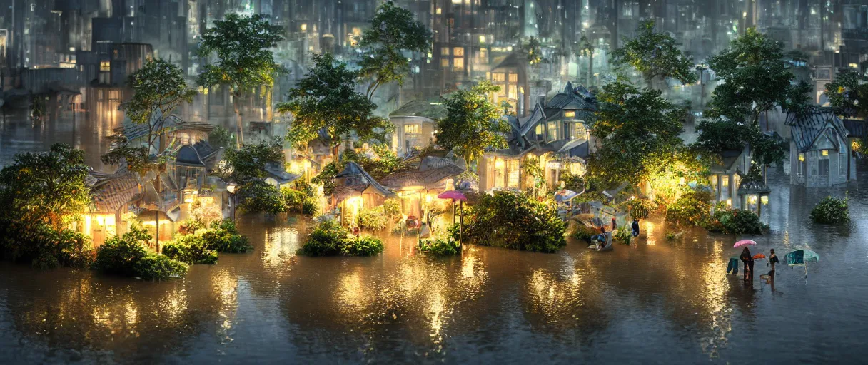 Image similar to carriership landing on raining night at flooded miniature city, emotion is on the rise on the town, cute style garden, octane render, trees, evergreen, patio, garden, wet atmosphere, tender, soft light misty yoshitaka amano, and artgerm, pixel art