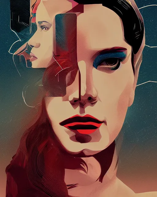 Image similar to portrait of Lana Del Rey as a cyborg. intricate abstract. intricate artwork. by Tooth Wu, wlop, beeple, dan mumford. mulholland drive by david lynch, dune by david lynch, blade runner 2049 by dennis villeneuve, patrick nagel, octane render, trending on artstation, greg rutkowski very coherent symmetrical artwork. cinematic, hyper realism, high detail, octane render, 8k, iridescent accents