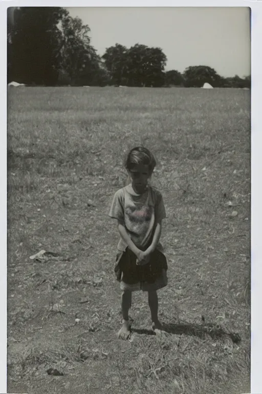 Image similar to photo polaroid of a sad and lonely child stands in the middle many tents of field hospitals, pandemic, covid,loneliness, black and white ,photorealistic, 35mm film,