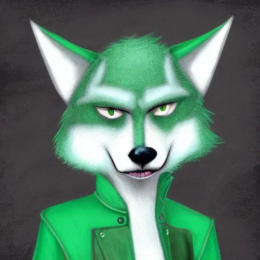 Image similar to Beautiful digital painting of an anthro anthropomorphic pastel-green wolf, Punk outfit.