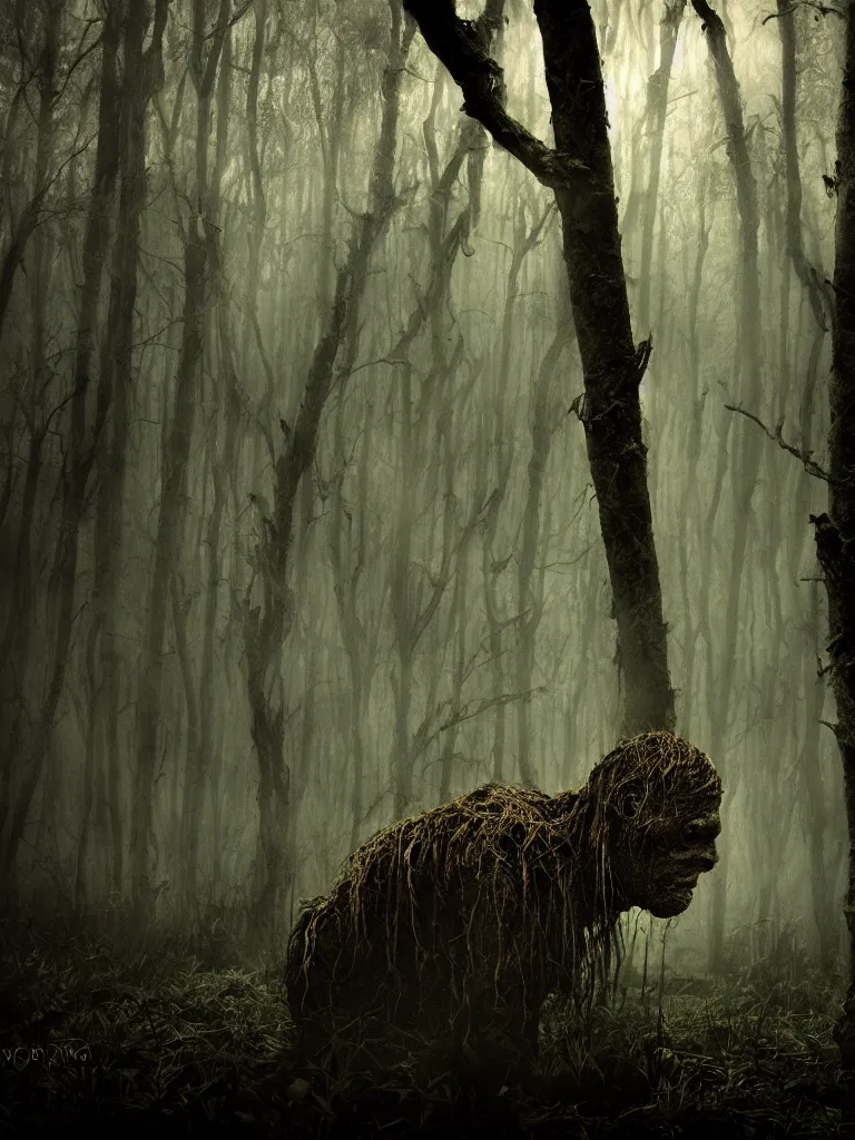 Image similar to a portrait of a swamp monster in a wooded bog at night, cinematic, wildlife photography, moody lighting, volumetric light