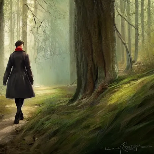 Image similar to supreme court justice elena kagan going for a walk in the woods, digital art by ruan jia and mandy jurgens and artgerm, realistic face, highly detailed, trending on artstation, award winning