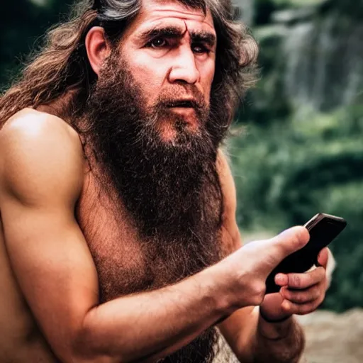 Image similar to a caveman using an iPhone