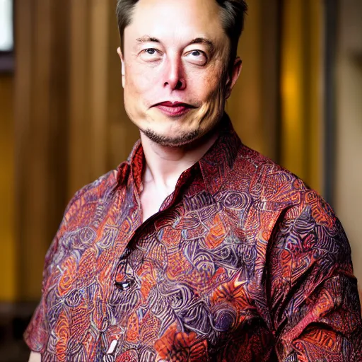 Image similar to A Photo Portrait of elon musk Wearing Indonesian Batik at a fancy Balinese restaurant, award winning photography, sigma 85mm Lens F/1.4, blurred background, perfect faces