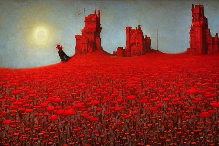 Image similar to only with red, red flowers of different types, a red tiger, a castle in the background, medieval demons dance over the flowers, an ancient path, in the style of beksinski, part by hopper, part by rodcenko, part by hofbauer, intricate composition, red by caravaggio, insanely quality, highly detailed, masterpiece, red light, artstation