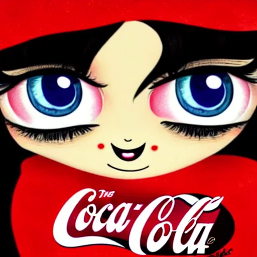 Prompt: the coke logo personified as a cute sprite themed cartoon girl in the style of the youtuber lavender towne, margaret keane style, large creepy eyes, extremely detailed and colorful eyes, digital art, deviant art, soda themed girl, hyper detailed eyes, money sign pupils, tim burton, scratchy lines