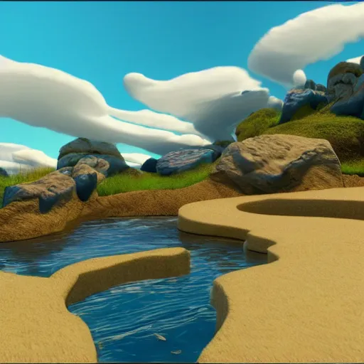 Image similar to a fantasy fan composed of water with ripples and a blue sky background, unreal engine