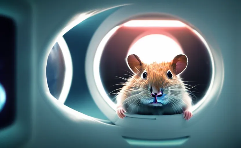 Image similar to hamster, inside a spaceship, movie still, star wars, cinematic, sharp focus, cinematic lighting, 8 k