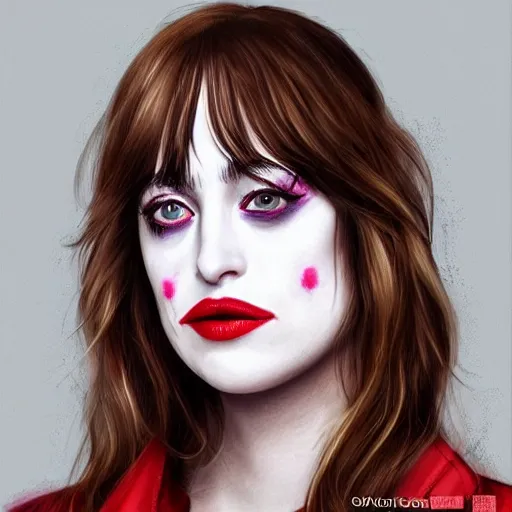 Image similar to beautiful dakota johnson with joker makeup, highly detailed, realistic face, detailed face, amazing digital art