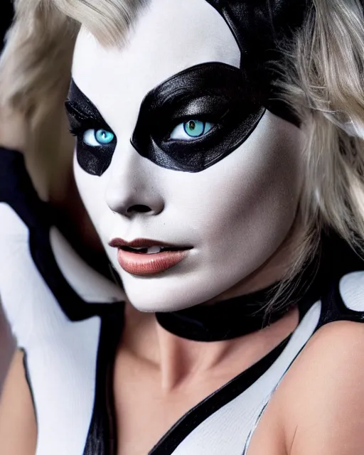 Image similar to portrait of margot robbie with a cat woman costume, full body shot, highly detailed, beautiful eyes, beautiful face, detailed face, cinematic, professional photograph