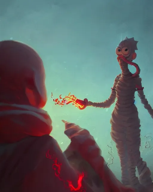 Image similar to tentacled [ [ squidward ] ] wearing fire nation clothing and practicing firebending outside at susnset, [ greg rutkowski ]
