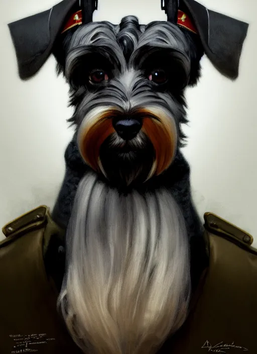 Image similar to portrait of stoic looking miniature schnauzer, military uniform, black fir, white eyebrows, fantasy, intricate, elegant, highly detailed, centered, dark, smokey, digital painting, artstation, concept art, smooth, sharp focus, illustration, art by artgerm and greg rutkowski and alphonse mucha