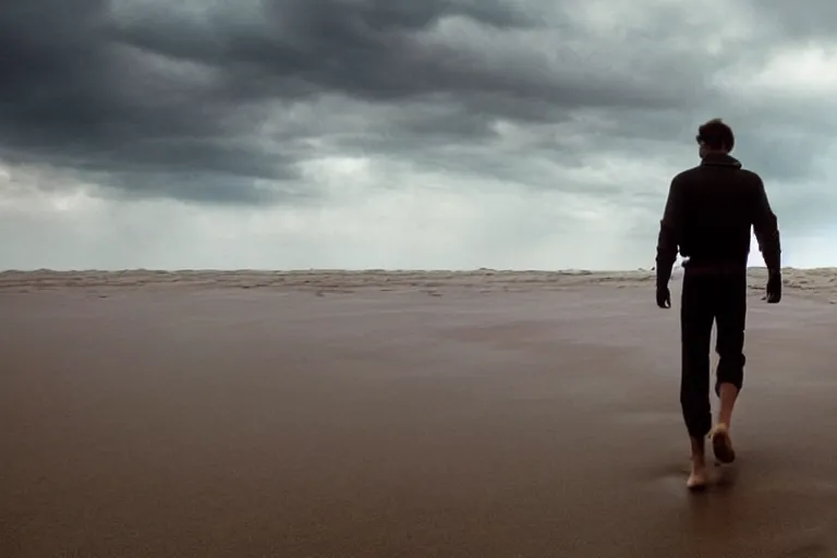 Image similar to a cinematic wide angle shot of a man in his early twenties walking on the sand towards the camera with his head down, sea behind him, in the 2 0 2 1 movie dune, the sand is in the form of a wave, stormy weather, dry, film still, cinematic, dramatic lighting, by zack snyder