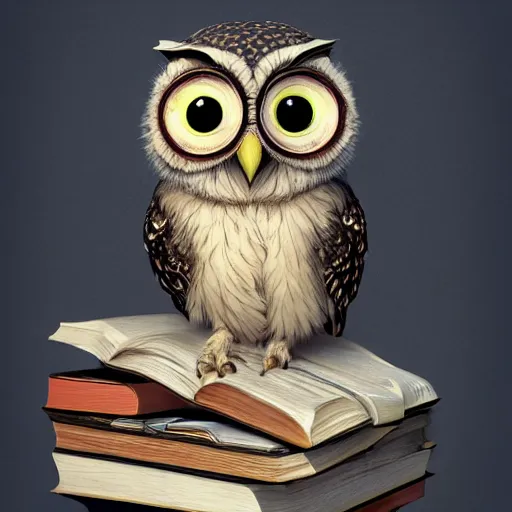 Image similar to long shot of a cute friendly owl sitting on a pile of books, by naoto hatori, by yoshita amano, by esao andrews, product photography, hyperrealistic, big depth of field, fresh colors, 3 d octane render conceptart, 4 k, highly detailed, trending on artstation