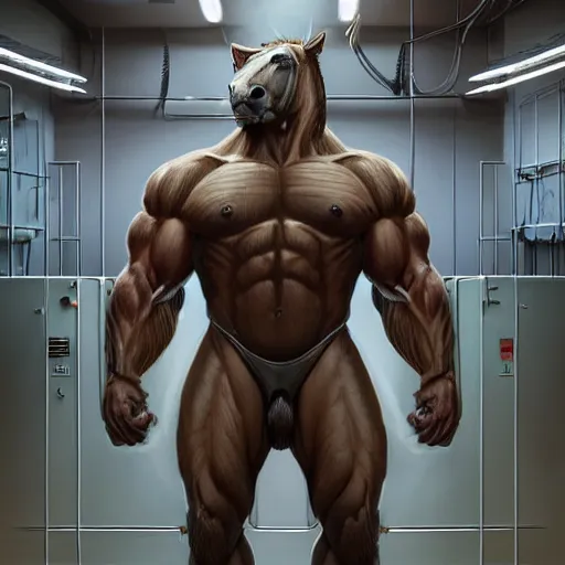 Image similar to a hulking musclebound male anthro horse in a form - fitting outfit with numerous cables attached, in a research facility, exaggeratedly large physique, highly detailed, digital painting, artstation, sharp focus, smooth, concept art, illustration, art by artgerm, greg rutkowski, wlop