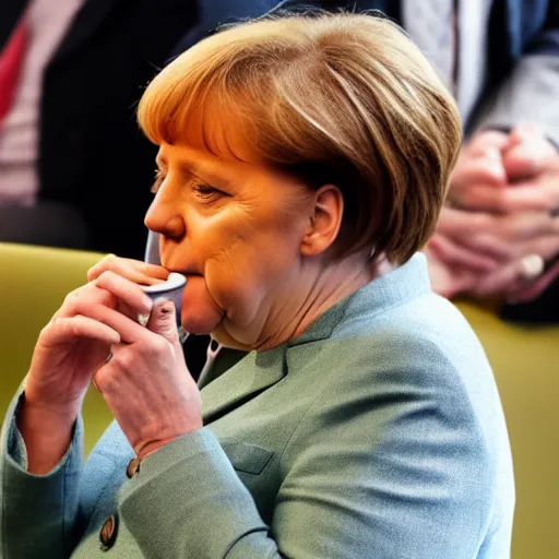 Image similar to angela merkel smoke weed in a coffee shop