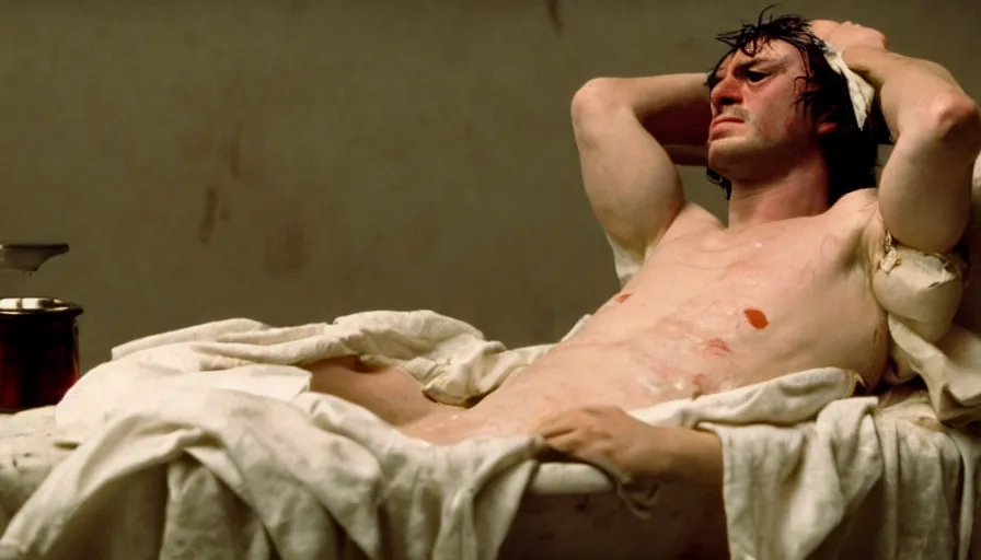 Prompt: movie still of jean - paul marat a wound at the chest, bleeding in the bath, cinestill 8 0 0 t 3 5 mm, high quality, heavy grain, high detail, cinematic composition, dramatic light, anamorphic, ultra wide lens, hyperrealistic, by martin schoeller