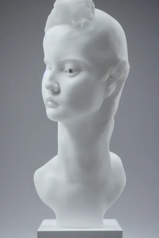 Image similar to full head and shoulders, beautiful female porcelain sculpture by daniel arsham and raoul marks, smooth, all white features on a white background, hair built like an apartment tower, delicate facial features, white eyes, white lashes, detailed white,