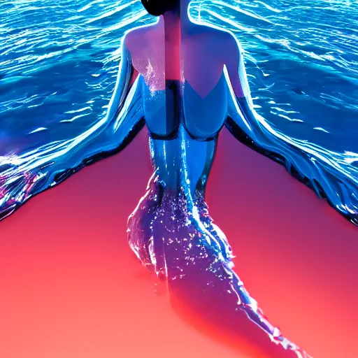 Image similar to water art in the shape of a womens body, on the ocean water, water art, futuristic, glowing, hyper realistic, ray tracing, realistic water splashes, sharp focus, long shot, 8 k resolution, cinematic