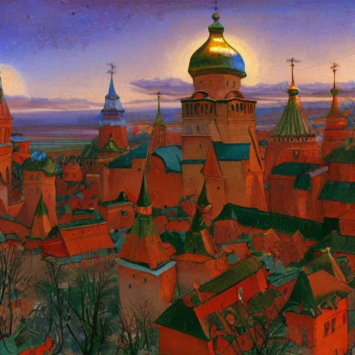 Image similar to photo beautiful magical ancient Slavic Russian city of Kitezh, fisheye lens, painting by Viktor Vasnetsov, concept art, magical city, fantasy cityscape, ancient Slavs, wooden buildings, ancient Russian architecture, terem, hyperborea, top cinematic lighting , cinematic mood, very detailed, 8k, high resolution, painting by Nicholas Roerich, trending on artstation, artstationHD,