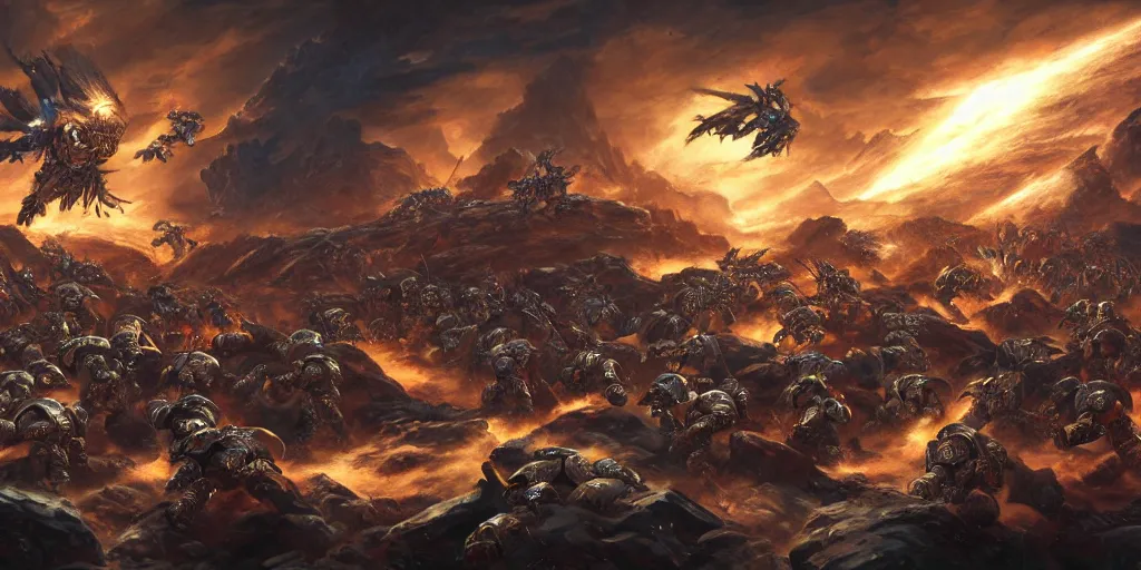 Image similar to a highly detailed digital painting of space marines battling primarch, epic composition, volumetric lighting, warhammer