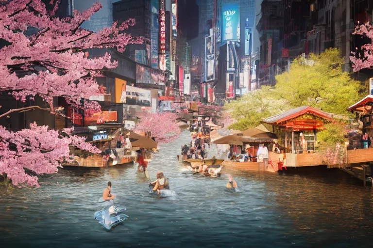 Prompt: floating markets of times square river in kyoto kamo river during sakura season on thermal waters flowing down white travertine terraces during interstellar aurora borealis, gold waterfalls, vendors, festivals, fun, by peter mohrbacher, james jean, james gilleard, greg rutkowski, vincent di fate, rule of thirds, octane render, beautiful landscape