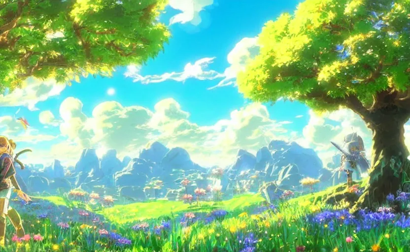 Prompt: fantastic anime sunny meadow with flowers, lone old Oak in the middle plane and mountains on the background, by Hayao Miyazaki, Nausicaa, Ghibli, Breath of the wild, Anime wallpaper