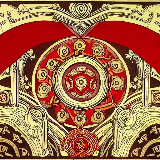 Image similar to symmetrical mural painting from the early 1 9 0 0 s in the style of art nouveau, red curtains, art nouveau design elements, art nouveau ornament, scrolls, flowers, flower petals, rose, opera house architectural elements, mucha, masonic symbols, masonic lodge, joseph maria olbrich, simple, iconic, masonic art, masterpiece