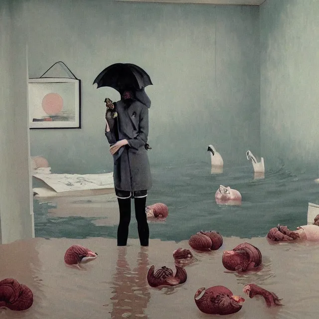 Image similar to tall female emo artist in her flooded apartment, water gushing from ceiling, painting of flood waters inside an artist's home, a river flooding indoors, pomegranates, pigs, ikebana, zen, water, octopus, river, rapids, waterfall, black swans, canoe, berries, acrylic on canvas, surrealist, by magritte and monet