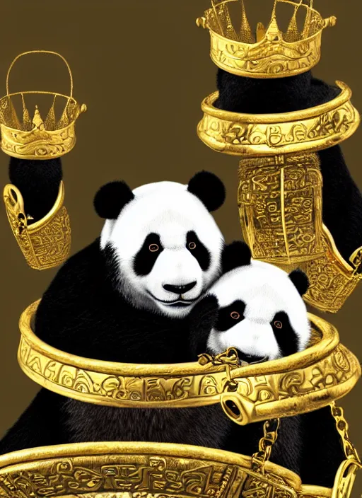 Prompt: photorealistic panda with a gold crown, with a gold necklace, 4k, high fidelity, studio lightning