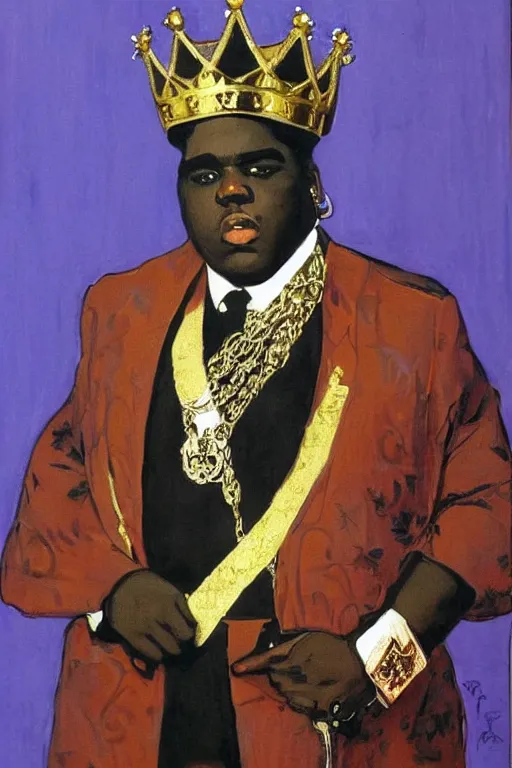 Prompt: portrait of biggie smalls with kings crown and royal outfit, royal background, modern, eclectic, illustration, by ramon casas