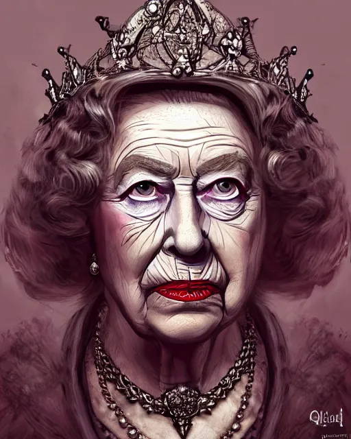 Image similar to Queen Elizabeth II as a hag witch, highly detailed face, realistic face, beautiful detailed eyes, fantasy art, illustration, epic, fantasy, intricate, hyper detailed, artstation, concept art, smooth, sharp focus, by jerad s marantz