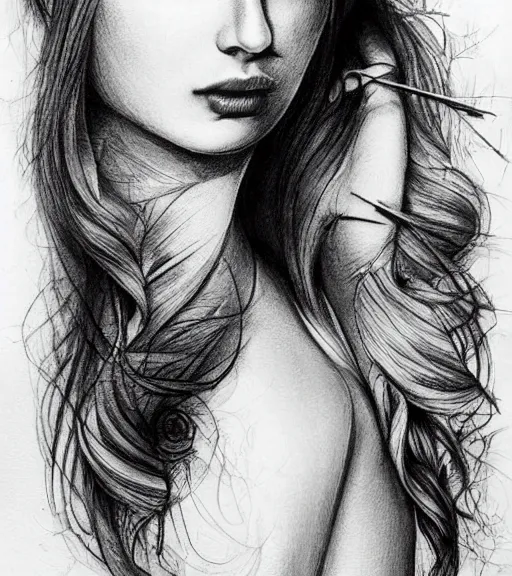 Image similar to tattoo design sketch of a beautiful woman face against a background of beautiful mountains and nature, hyper - realistic, in the style of den yakovlev, amazing detail, black and white