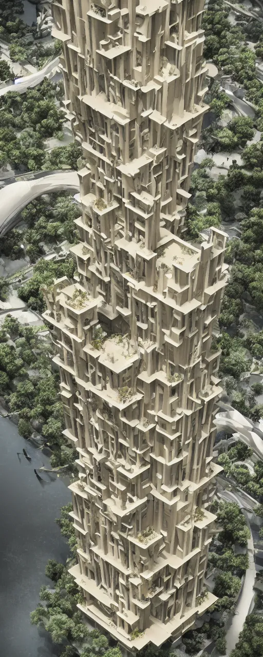 Image similar to single tower, golden gardens of babylon tower, beige stone color palette, sacred ancient architecture, hanging gardens on the balconies, modular cascading highrise, next to mountains and river with lush palm forest, zaha hadid, sunlight, eye - level view, post - production, octane, cgi, sfx