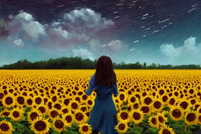 Image similar to huge sunflower head, girl walking in wheat field, hills, surreal photography, dark night, star trails, dramatic light, impressionist painting, clouds, digital painting, artstation, simon stalenhag