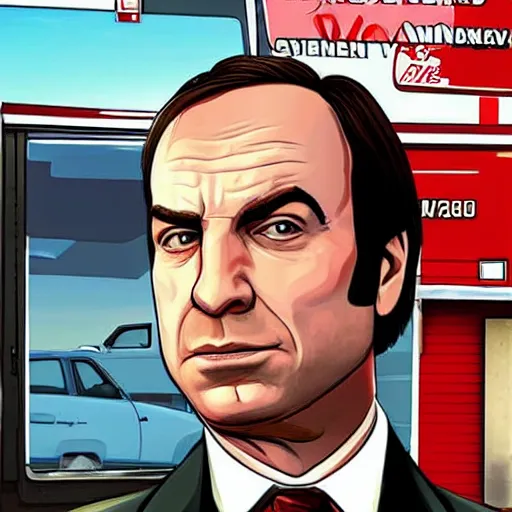 Image similar to Saul Goodman from Better Call Saul as a GTA character portrait, Grand Theft Auto, GTA cover art