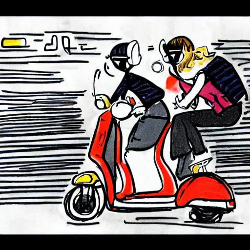 Image similar to a drawing of a man and a woman riding a scooter, a comic book panel by hiromu arakawa, featured on pixiv, tachisme, rtx, anime, art