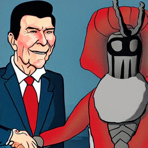 Image similar to the hollow knight shaking hands with ronald reagan