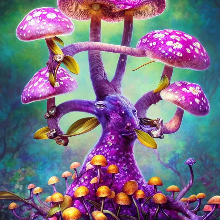 Image similar to extremely psychedelic animal made of orchid and cherry blossom tree and mushroom, LSD animal, diffuse lighting, fantasy, intricate, elegant, highly detailed, lifelike, photorealistic, digital painting, artstation, illustration, concept art, smooth, sharp focus, art by John Collier and Albert Aublet and Krenz Cushart and Artem Demura and Alphonse Mucha