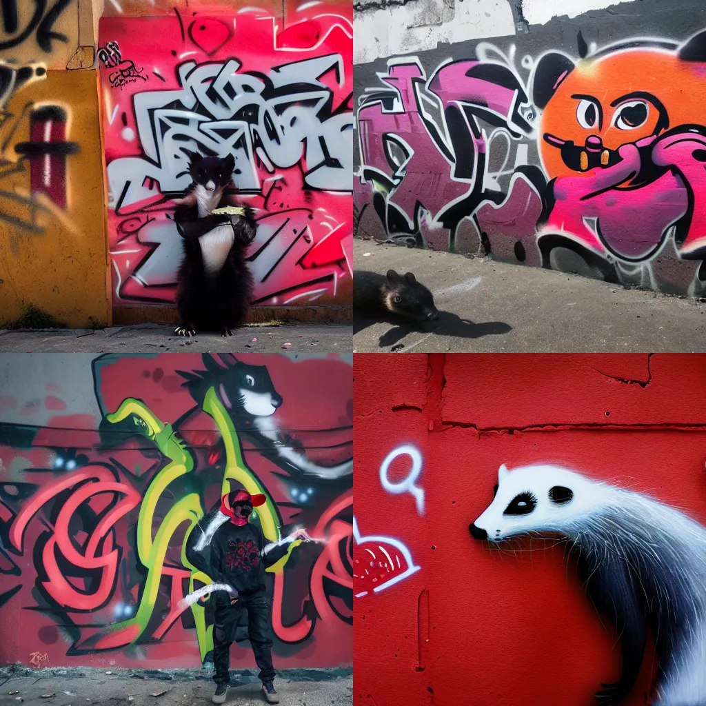 Prompt: photo ( far _ shot ), subject [ furry _ fandom _ fursona ( red - and - black, weasel - ferret - stoat ) ], graffiti _ background ( smoke ), medium [ graffiti ( spray - paint ), favela - wall ]