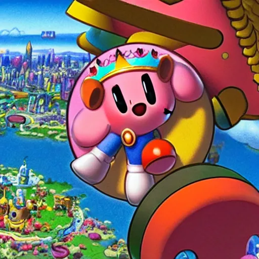 Prompt: Kirby wearing a crown and looking down at a city from the clouds