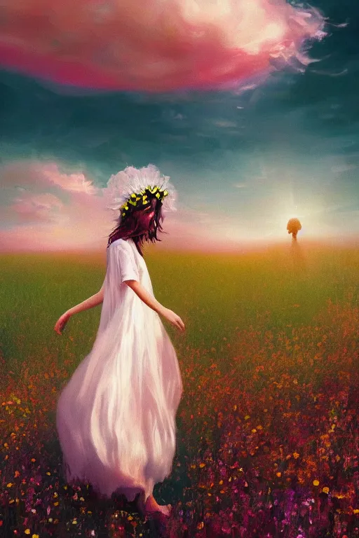 Image similar to giant white daisy flower crown head, veil girl walking in a flower field, surreal photography, sunrise, dramatic light, impressionist painting, colorful clouds, digital painting, artstation, simon stalenhag