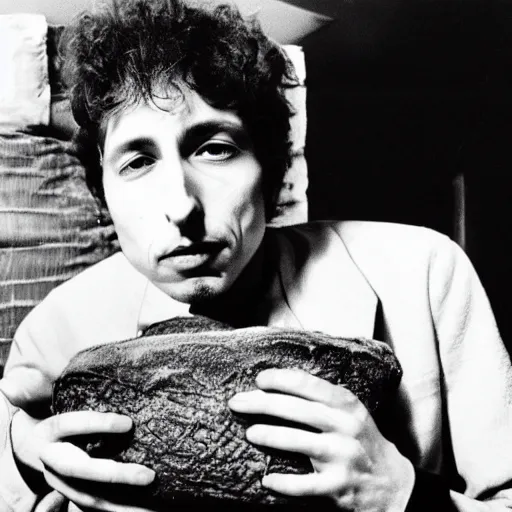 Image similar to bob dylan cradling a loaf of bread like a baby, photograph, 1 9 6 5