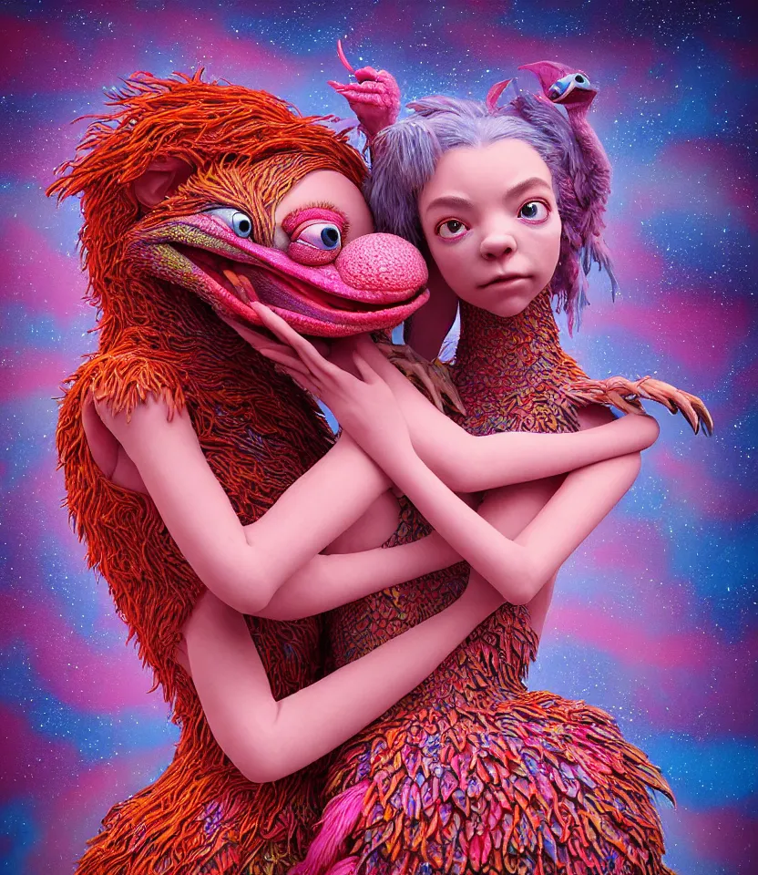 Prompt: hyper detailed 3d render like a Oil painting - kawaii portrait of lovers hugging Aurora (a beautiful girl skeksis muppet fae princess protective playful expressive acrobatic from dark crystal that looks like Anya Taylor-Joy) seen red carpet photoshoot in UVIVF posing in scaly dress to Eat of the Strangling network of yellowcake aerochrome and milky Fruit and His delicate Hands hold of gossamer polyp blossoms bring iridescent fungal flowers whose spores black the foolish stars by Jacek Yerka, Ilya Kuvshinov, Mariusz Lewandowski, Houdini algorithmic generative render, golen ratio, Abstract brush strokes, Masterpiece, Edward Hopper and James Gilleard, Zdzislaw Beksinski, Mark Ryden, Wolfgang Lettl, hints of Yayoi Kasuma and Dr. Seuss, Grant Wood, octane render, 8k