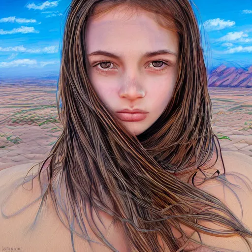 Image similar to a detailed portrait of a girl in the desert, art illustration, incredibly highly detailed and realistic, 8 k, sharp focus