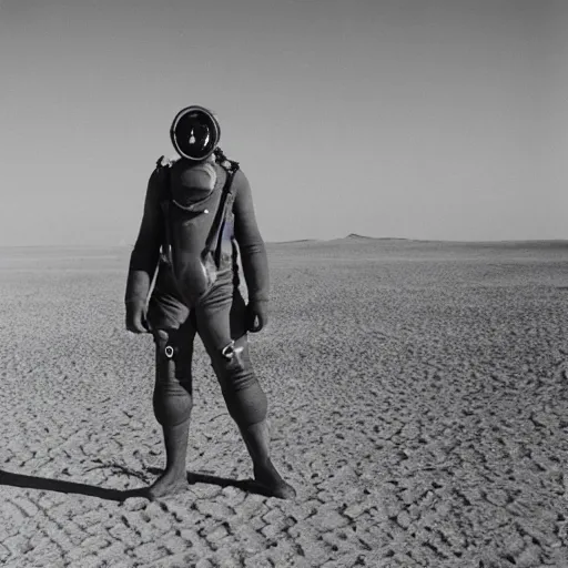 Image similar to a man wearing an old diving suit, in the desert, arriflex 35